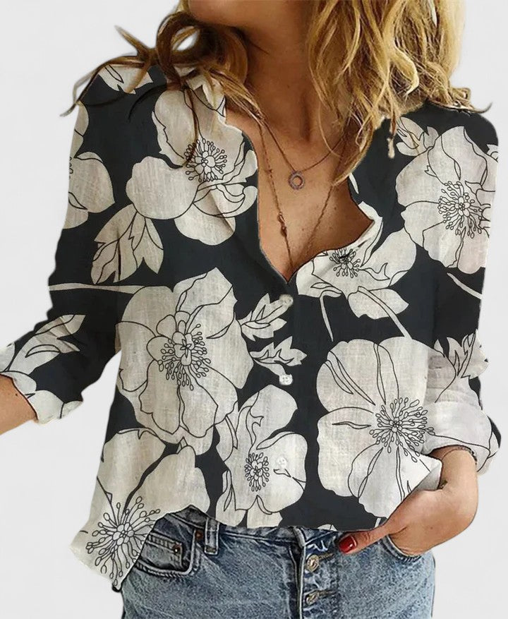 Women's elegant floral V-neck long sleeve blouse, perfect for versatile everyday chic.