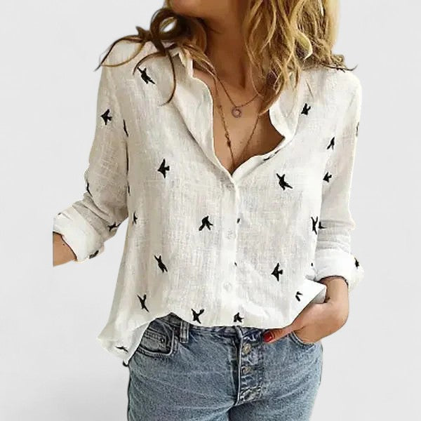 Women's spring/summer floral V-neck long sleeve blouse, an elegant and casual fashion staple.
