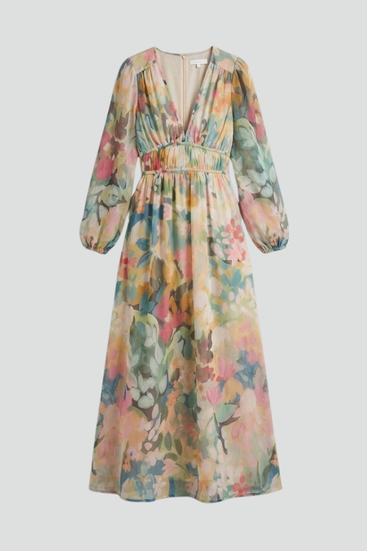 Women's elegant floral V-neck maxi dress with long sleeves, perfect for spring/summer.