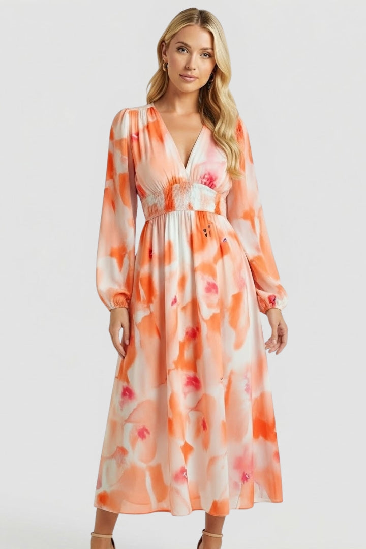Beautiful floral V-neck maxi dress, women's long sleeve style, perfect for summer events.