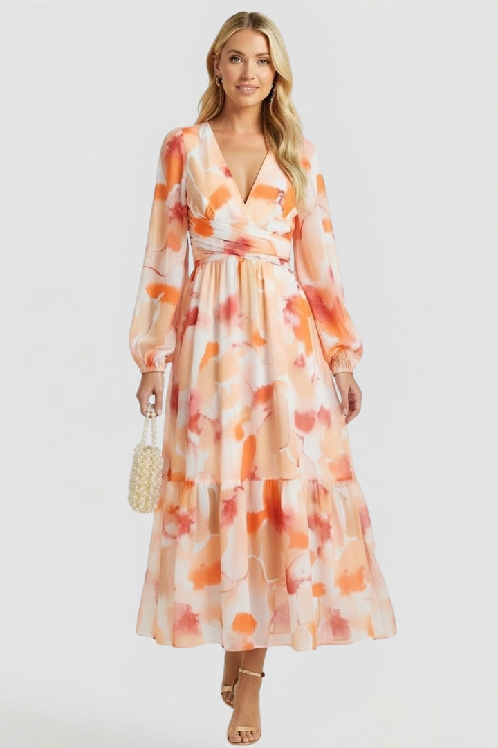 Feminine women's elegant floral print maxi dress, V-neck, long sleeve, a flattering fit.