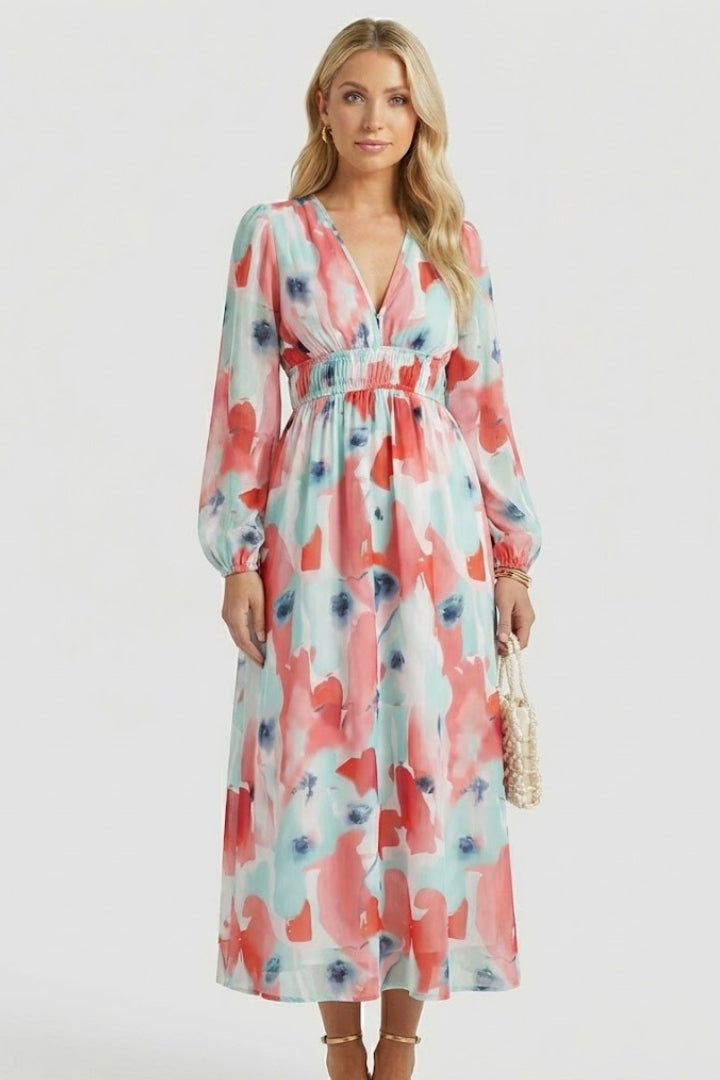 Women's long sleeve V-neck maxi dress, vibrant floral pattern, comfortable and stylish.