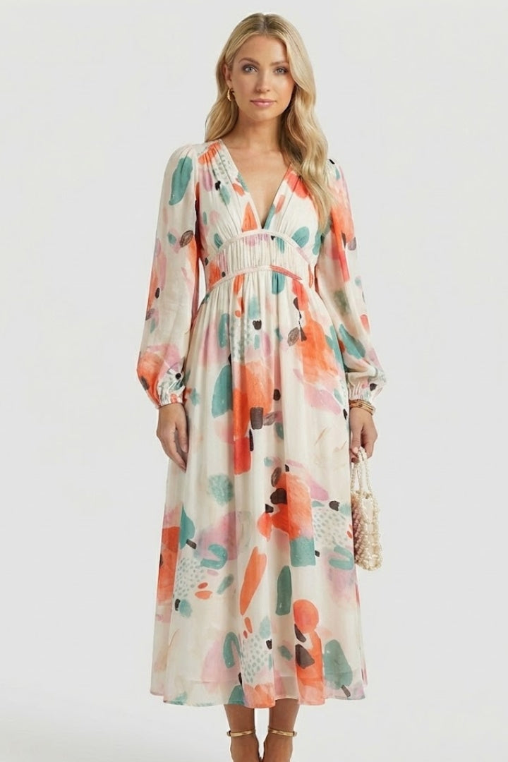 Women's casual floral print maxi dress, V-neck, long sleeve, perfect for relaxed days.