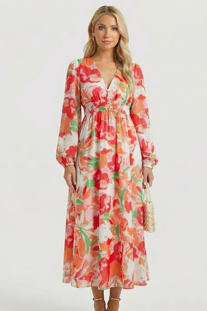 Chic women's long sleeve floral maxi dress, V-neck, elegant for spring gatherings.
