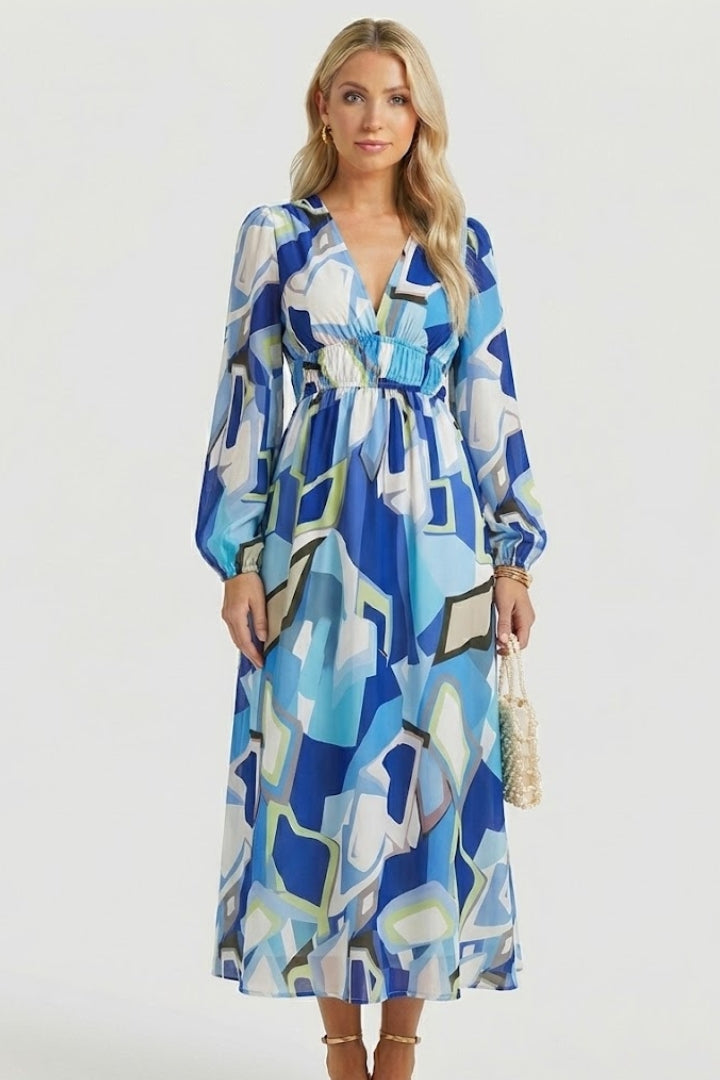 Comfortable women's floral V-neck maxi dress, long sleeve, stylish and feminine look.