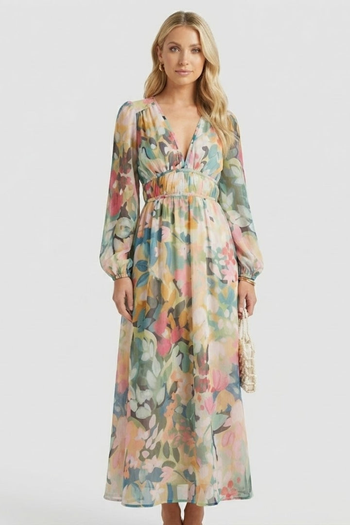 Stylish women's long sleeve floral print maxi dress, comfortable flowy V-neck design.