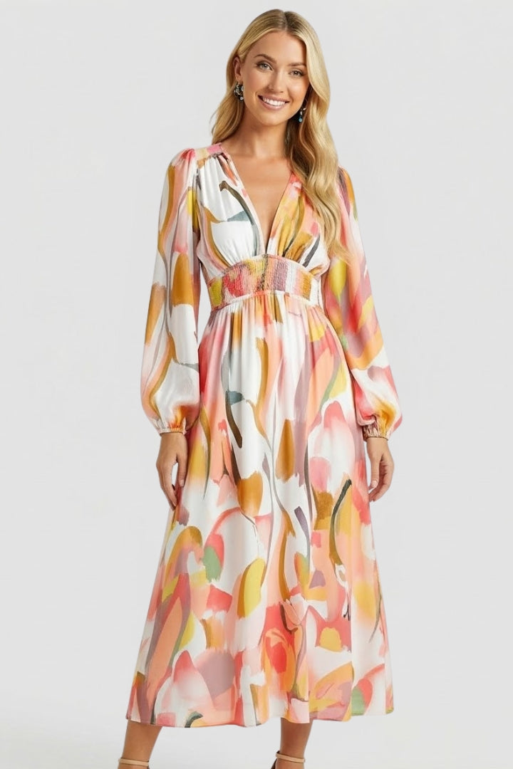 Elegant women's floral V-neck long sleeve maxi dress, versatile for day to evening wear.