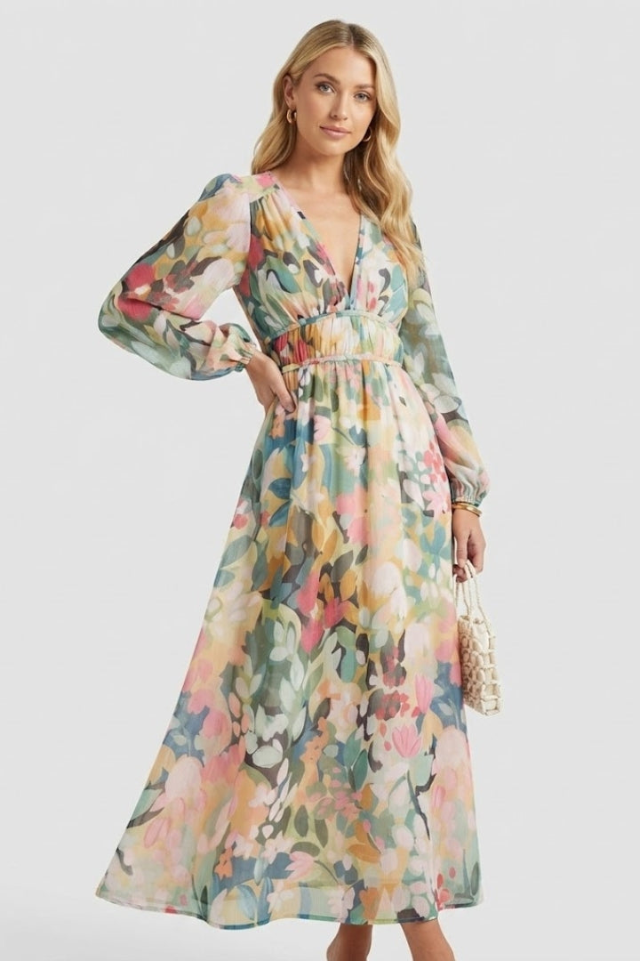 Elegant women's floral V-neck long sleeve maxi dress, a chic and comfortable spring outfit.