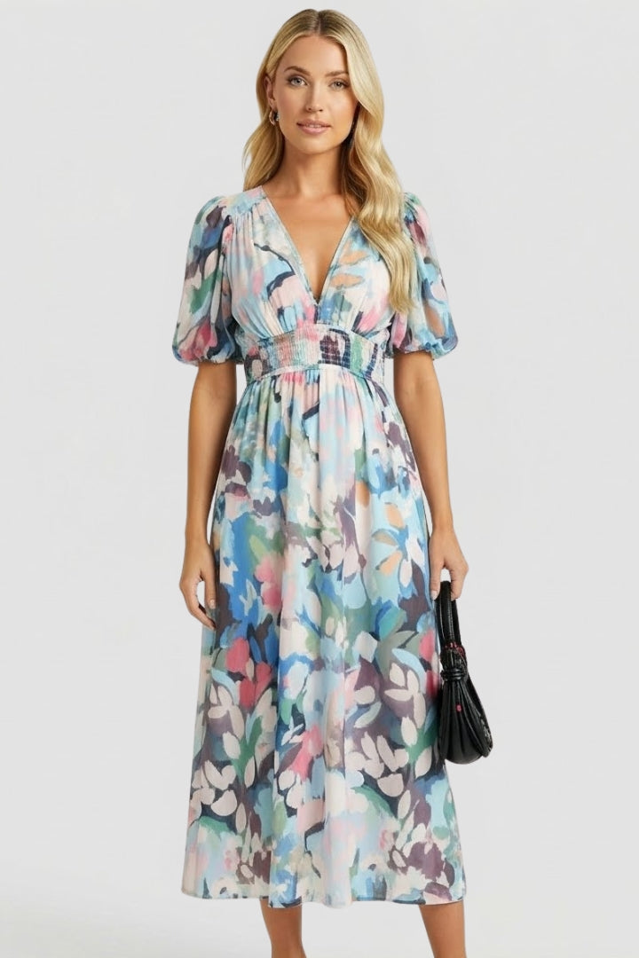 Stylish women's elegant floral print maxi dress, V-neck, long sleeves, beautiful design.