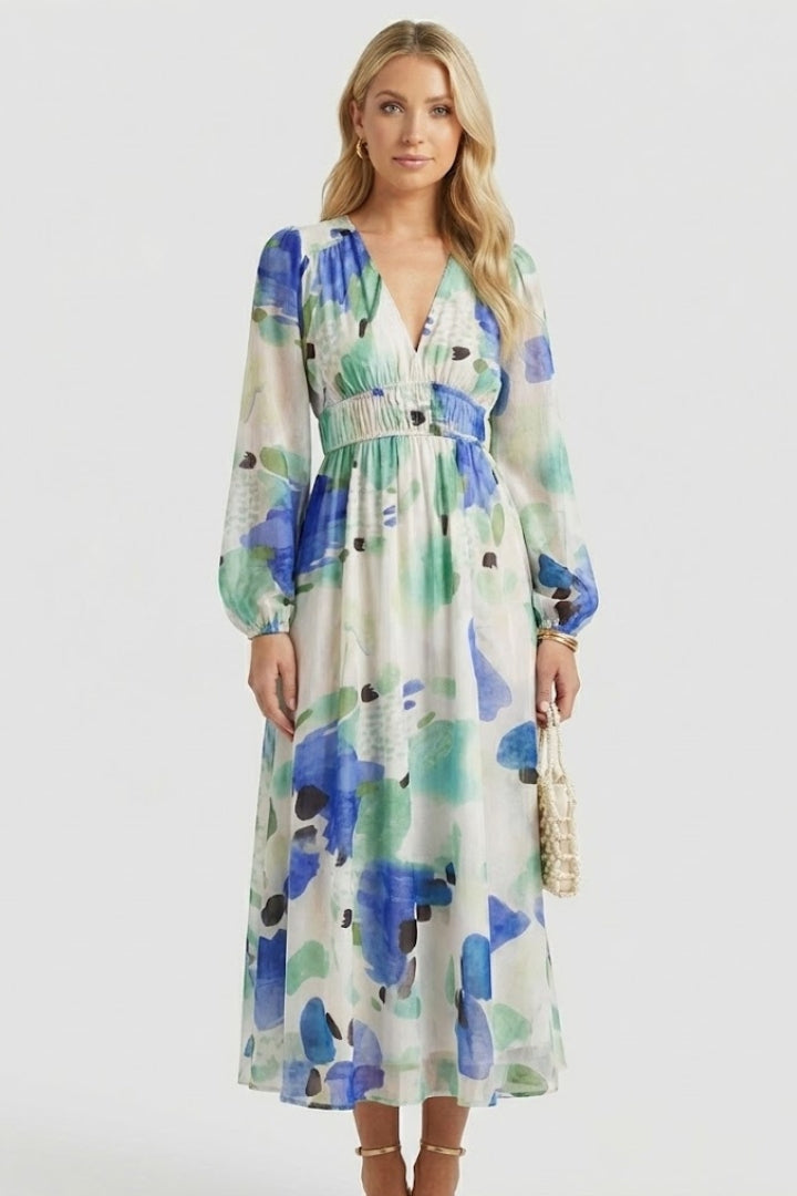 Elegant long sleeve V-neck floral maxi dress for women, a stylish and feminine choice.