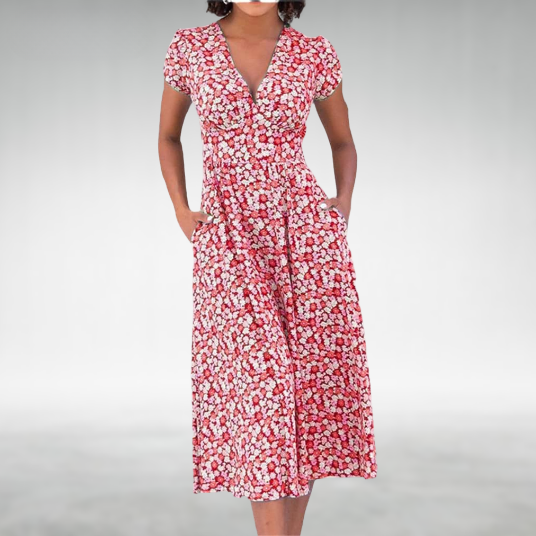 Blue floral V-neck midi dress for women. Elegant summer style short sleeve dress, perfect for casual or special events.
