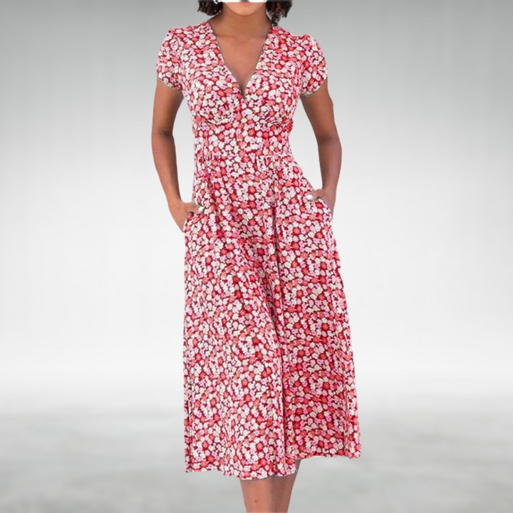 Blue floral V-neck midi dress for women. Elegant summer style short sleeve dress, perfect for casual or special events.