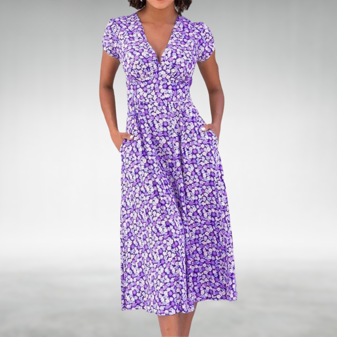 Red floral V-neck midi dress. Stylish women's short sleeve dress, ideal for summer fashion and various occasions.