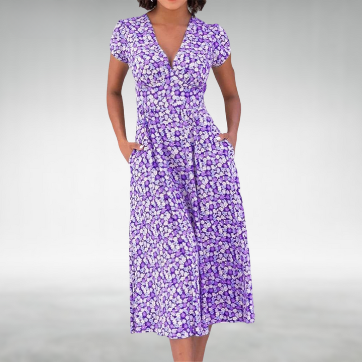Red floral V-neck midi dress. Stylish women's short sleeve dress, ideal for summer fashion and various occasions.