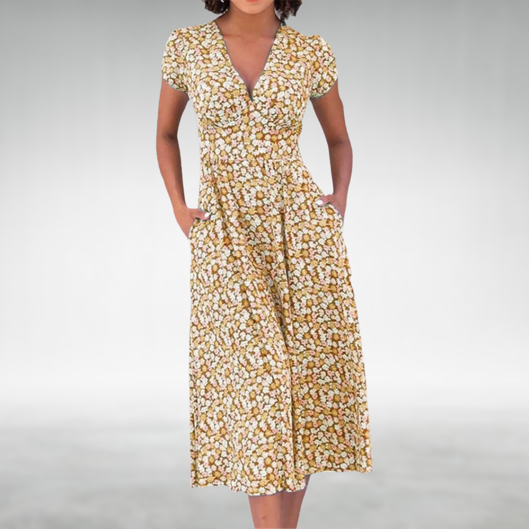 Purple & yellow floral V-neck midi dress. Versatile women's short sleeve dress, perfect for elegant or casual wear.