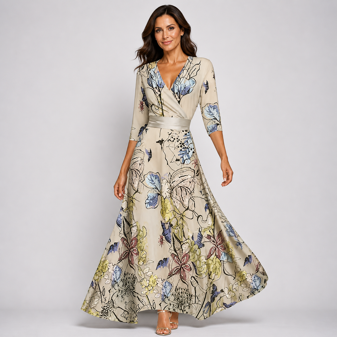 Women's elegant floral V-neck wrap maxi dress, perfect for summer occasions. Flowing fabric, boho chic style.
