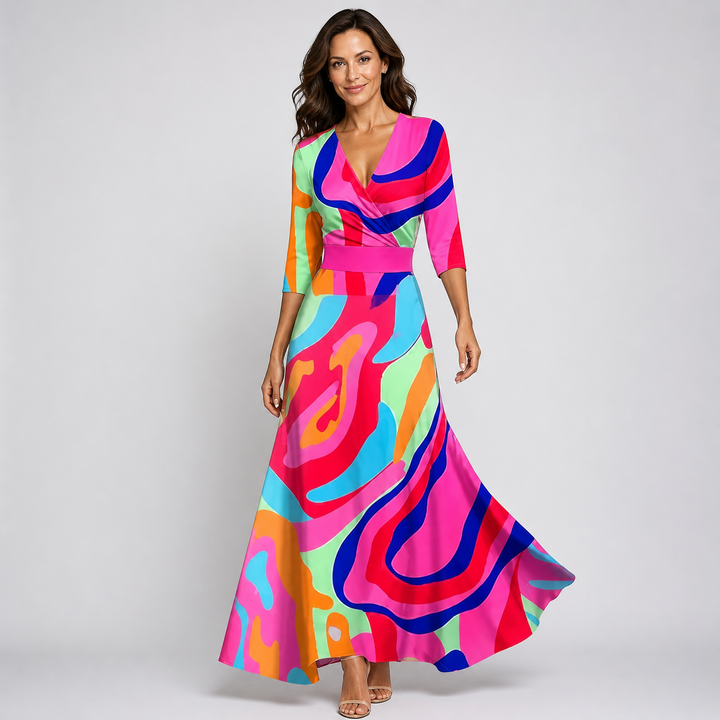 Boho chic women's floral wrap maxi dress, featuring a V-neck and flowy design for comfortable summer wear.