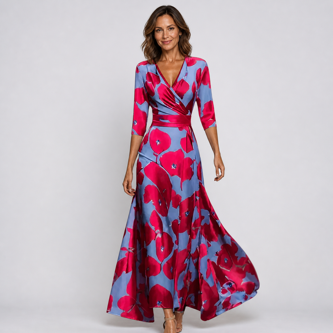 Long floral maxi dress for women, elegant V-neck wrap style, perfect for summer events & flowy comfort.