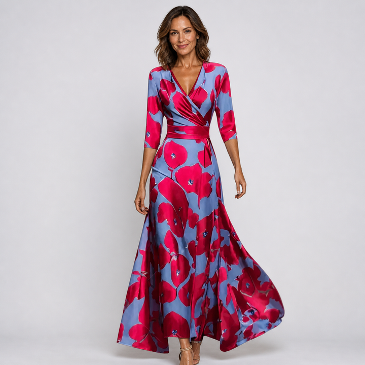 Long floral maxi dress for women, elegant V-neck wrap style, perfect for summer events & flowy comfort.