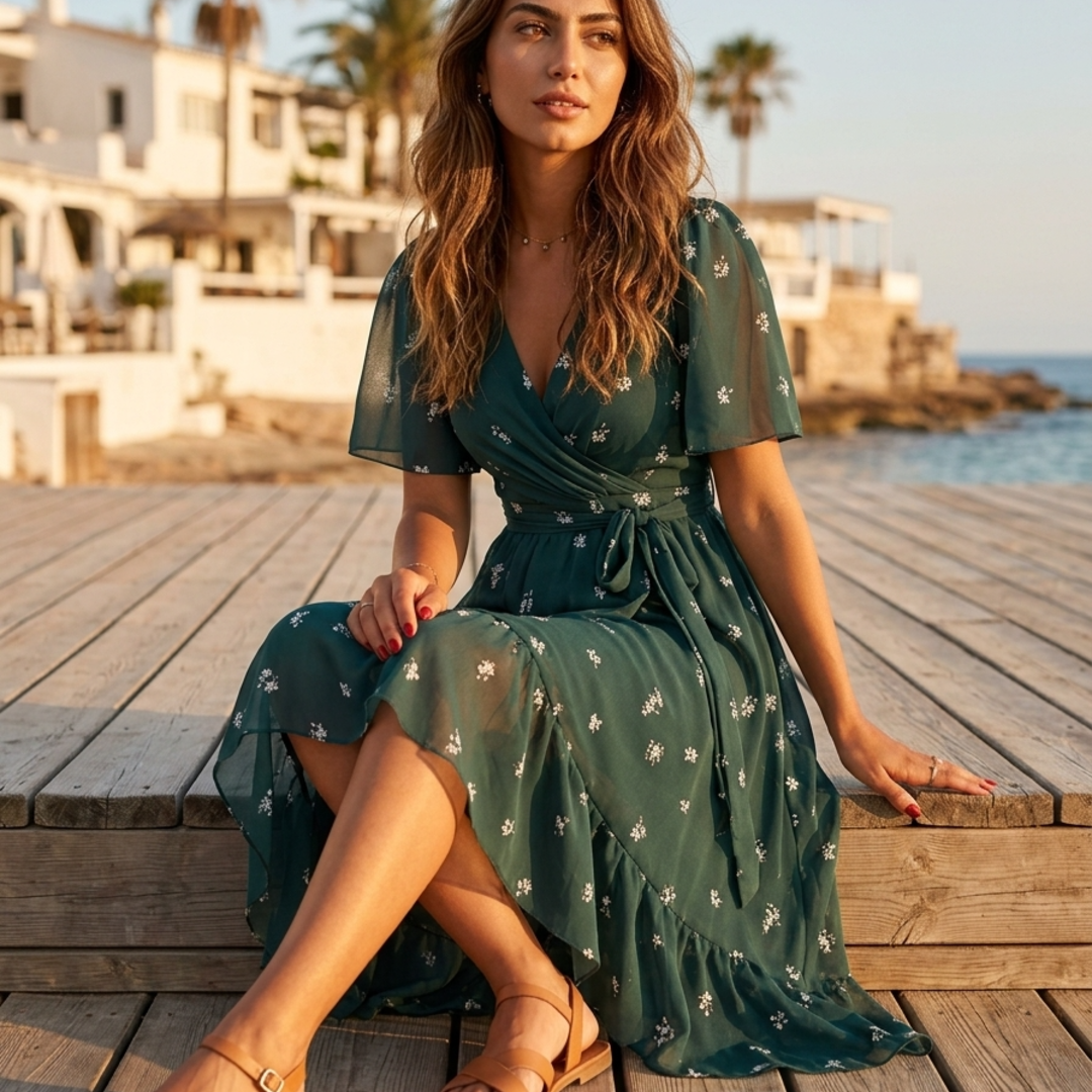 Chic women's floral print midi wrap dress with v-neck & flutter sleeves, ideal for occasions & sophisticated wear.