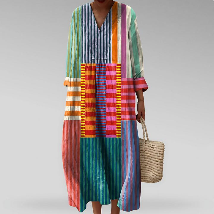 Women's elegant geometric print long sleeve maxi caftan dress. Perfect for summer, beach, or vacation.