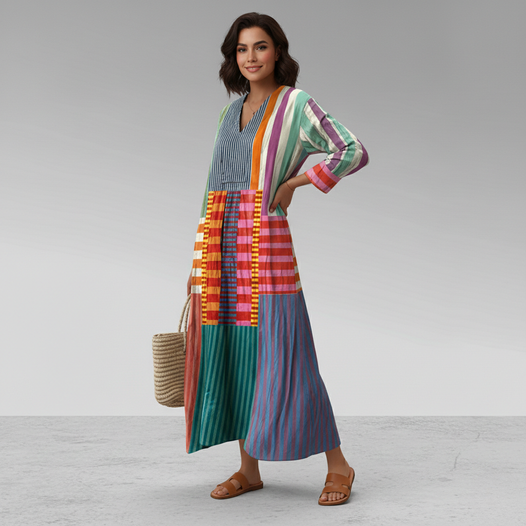 Flowy V-neck geometric print long sleeve maxi caftan dress. Comfortable & stylish for bohemian summer wear.