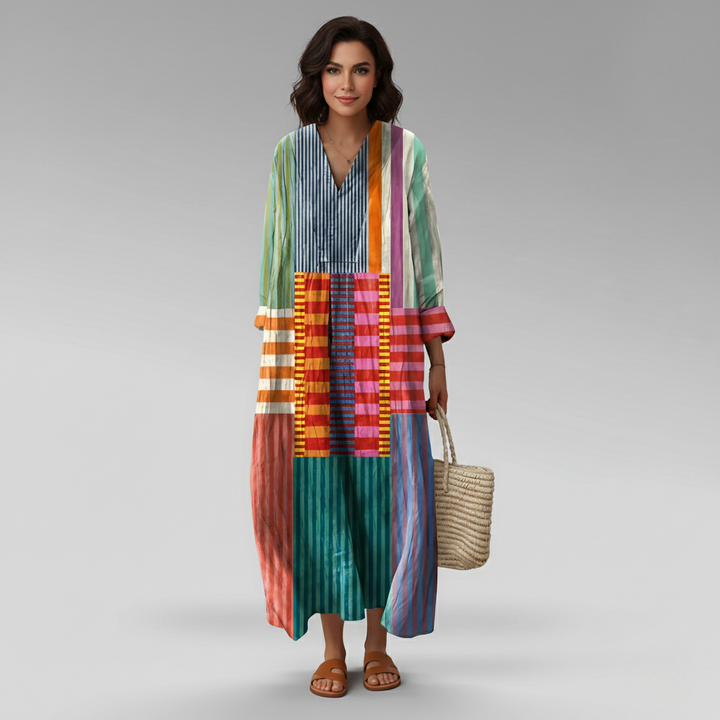 Elegant geometric print long sleeve maxi caftan dress for women. Versatile casual & bohemian vacation outfit.