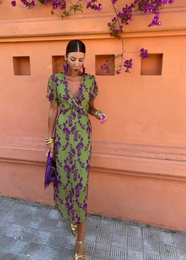 Women's elegant green floral midi wrap dress with puff sleeves and V-neck, perfect for summer and parties.