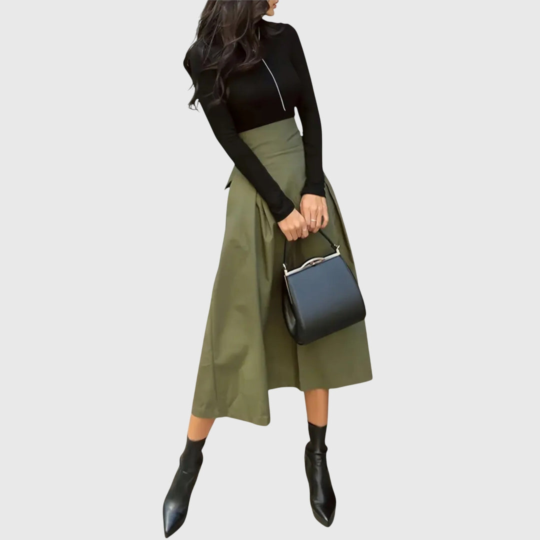 Women's elegant green high-waist pleated midi skirt, perfect for office wear or spring style.