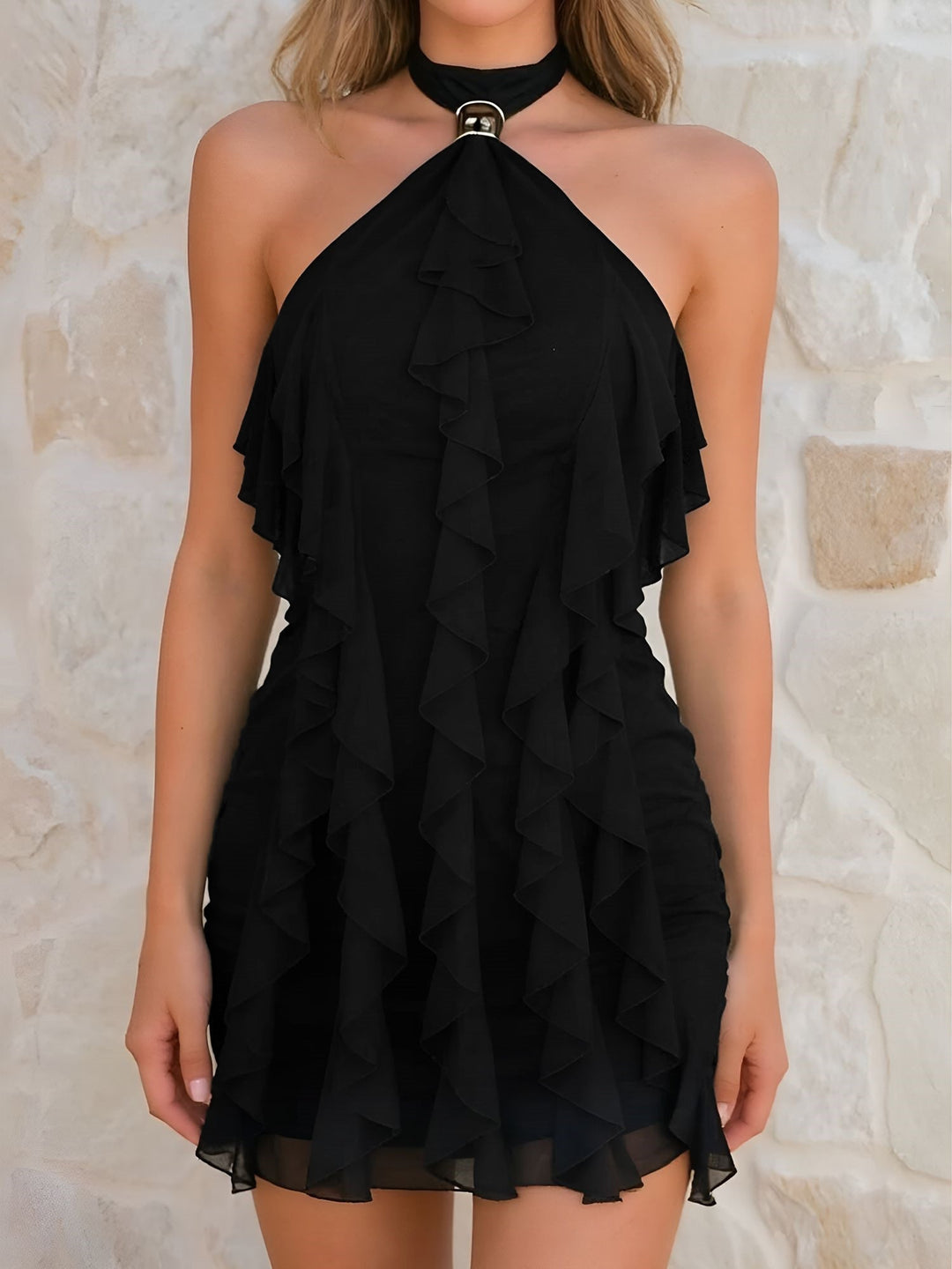 Sleek women's halter neck mini dress, a sophisticated bodycon silhouette with graceful ruffle details.