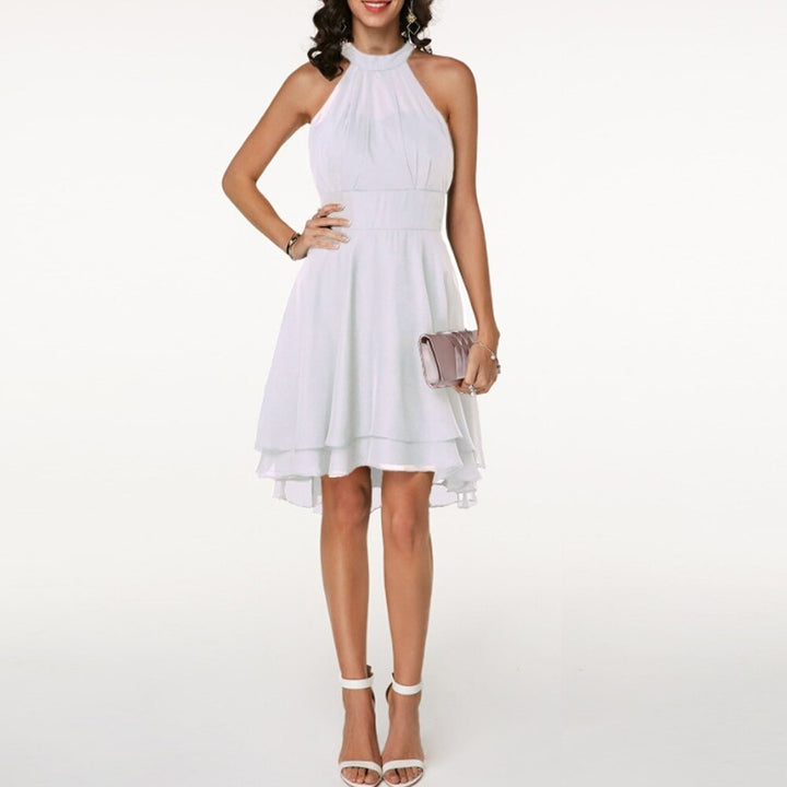 Sophisticated women's evening mini dress, showcasing a unique halter neck and delicate layered hem detail.