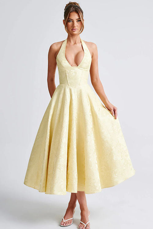 Chic halterneck A-line maxi dress for women, featuring a fitted corset bodice & elegant long skirt.