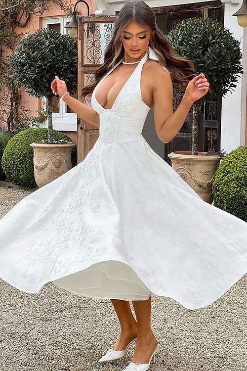 Sophisticated women's homecoming gown, A-line cut, halterneck, long, for a memorable evening.