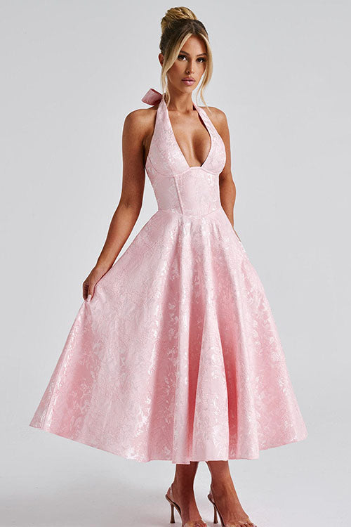 Elegant women's long dress, halterneck, A-line cut, with a refined corset bodice, for special occasions.