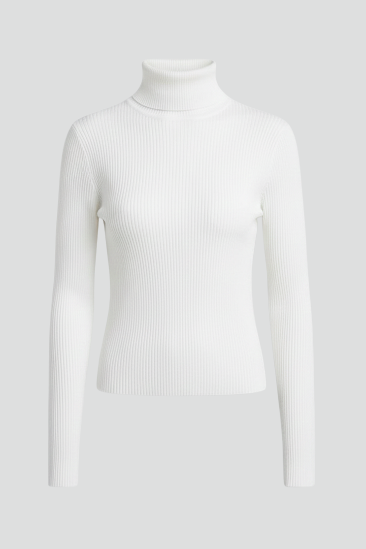 Women's elegant high neck ribbed sweater, perfect for versatile layering.