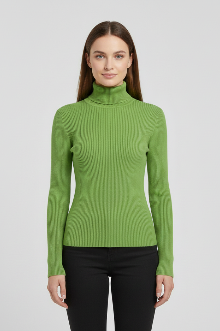Classic women's high neck ribbed knit top, essential for elegant layering.