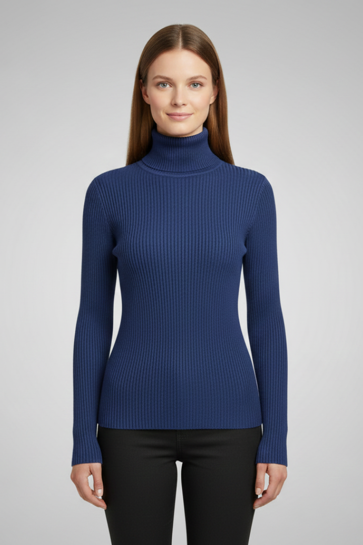 Stylish women's slim fit ribbed turtleneck jumper, perfect for modern elegance.