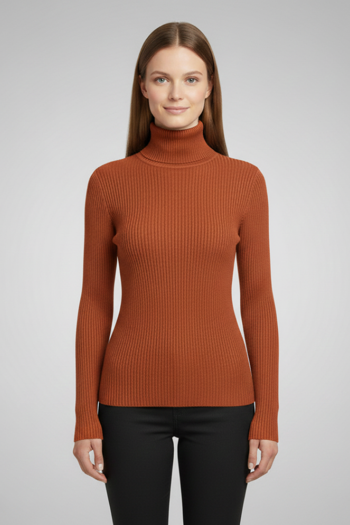 Fashion-forward women's ribbed long sleeve high neck top, a versatile piece.