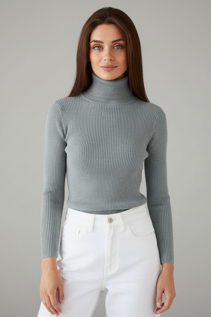 Refined women's slim fit ribbed sweater with a sophisticated high neck.