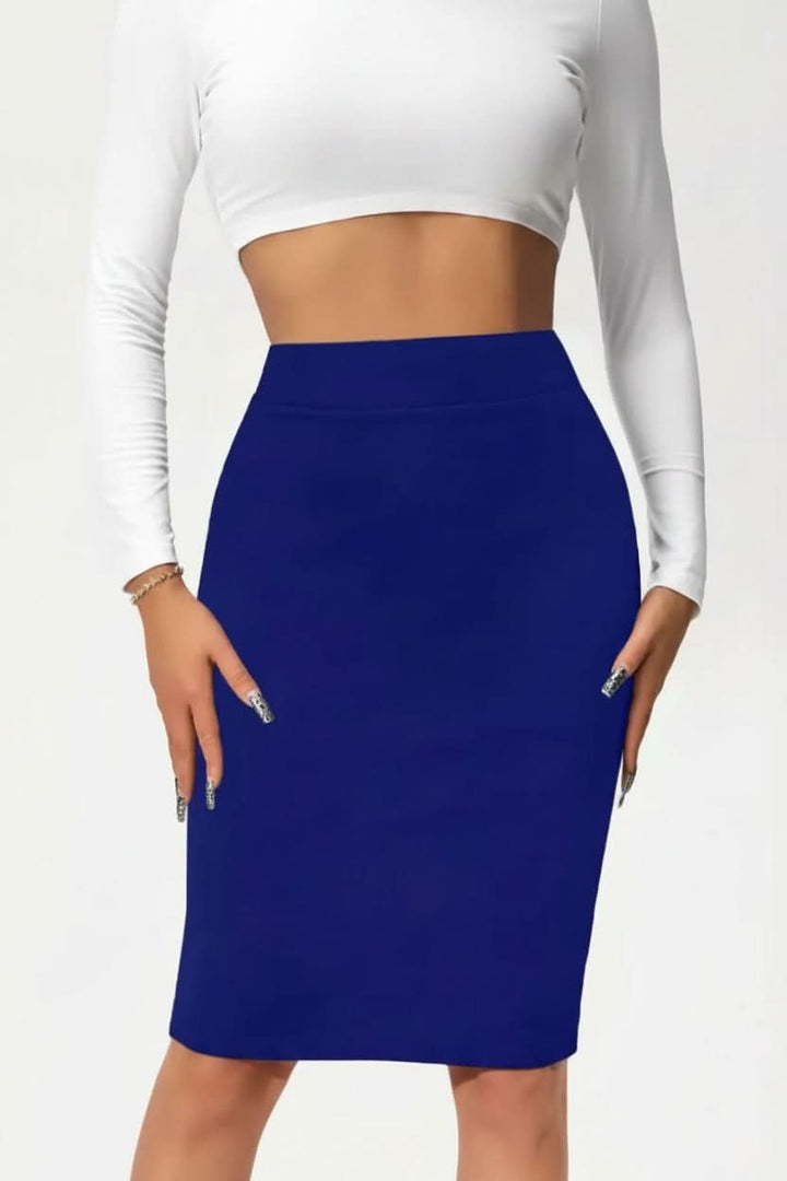Chic women's high-rise midi pencil skirt. Elegant and professional attire, great for office or business events.