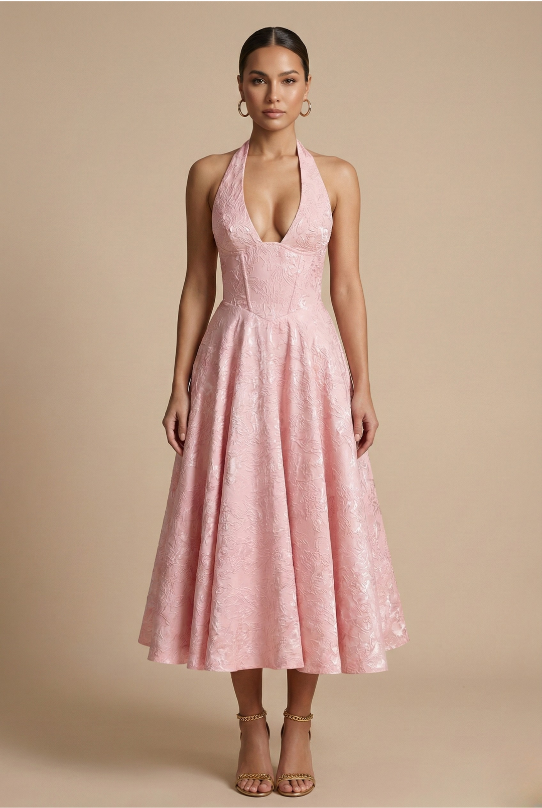 Women's elegant jacquard halter corset A-line midi dress, perfect for weddings & formal events.