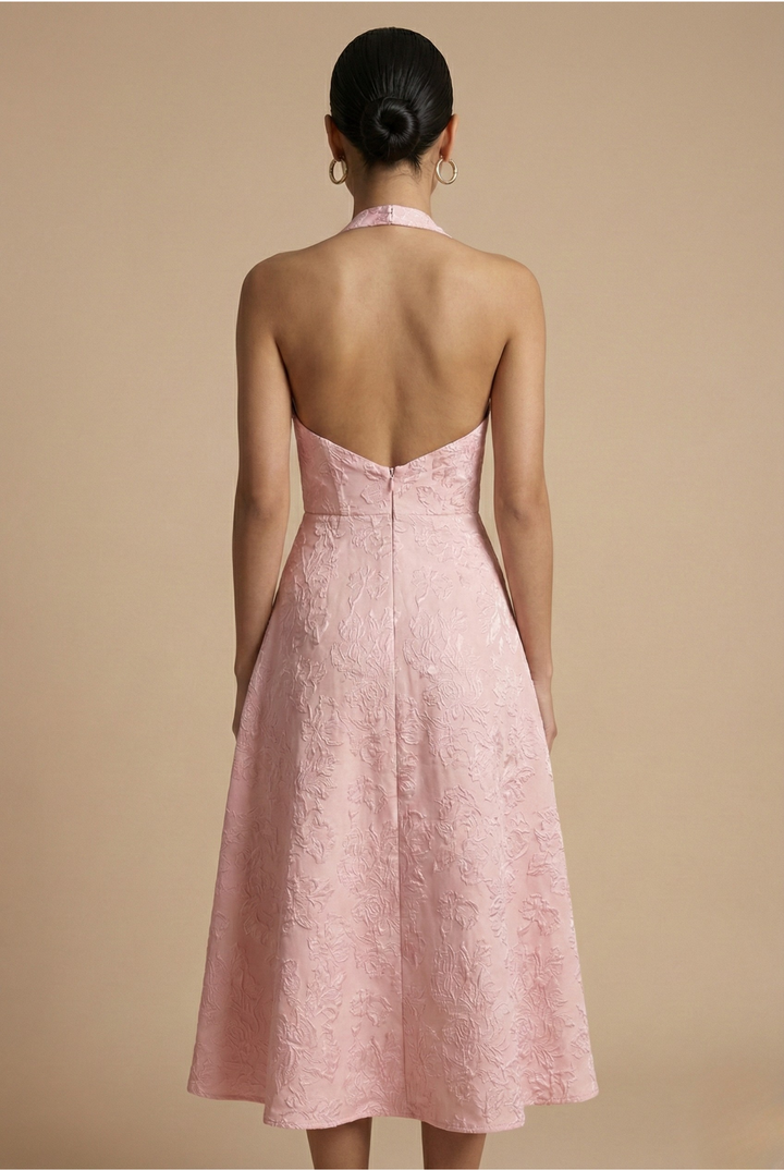 Formal women's A-line midi dress, jacquard style, with a flattering halter corset, perfect for wedding guests.