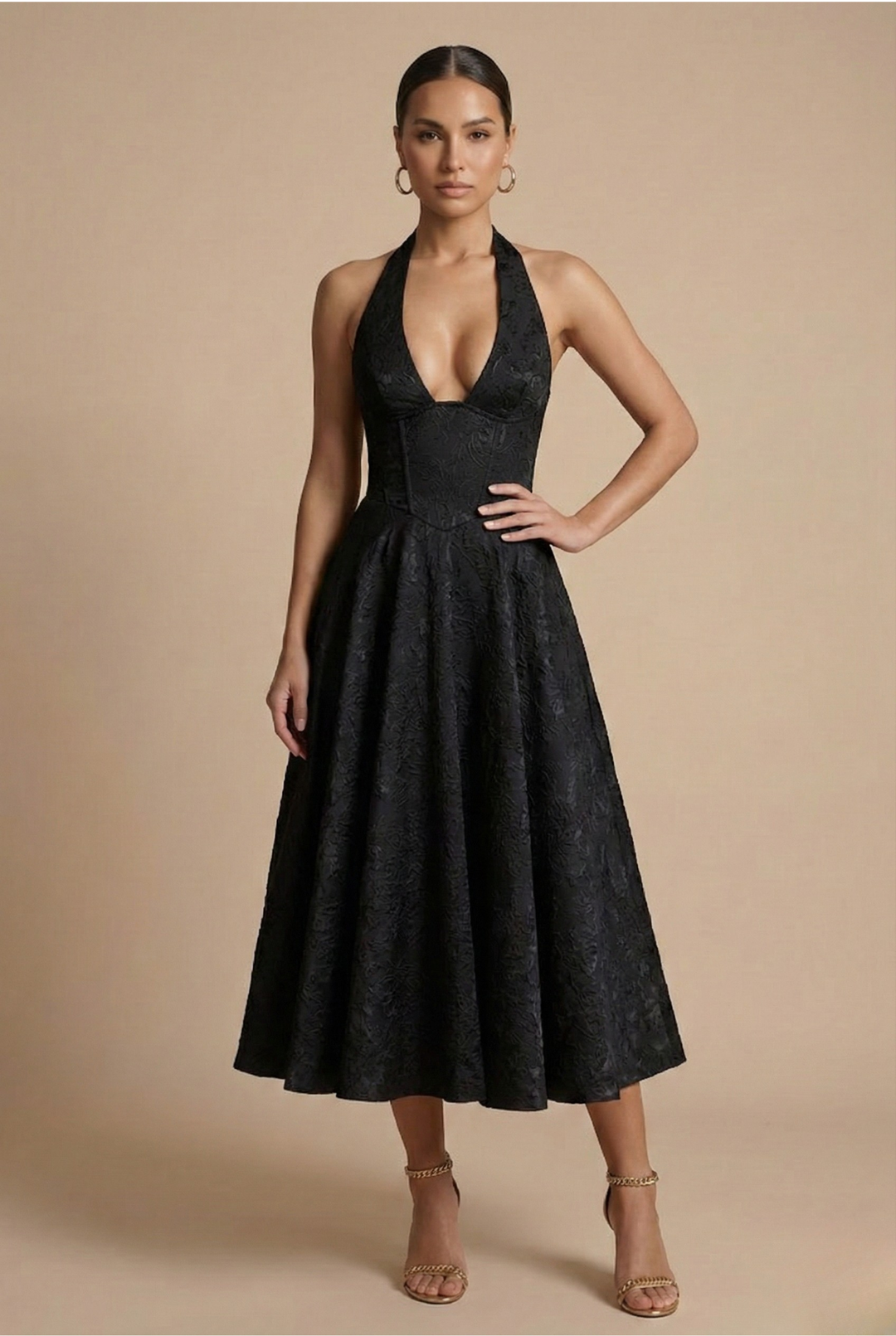 Jacquard style women's midi dress featuring a sophisticated halter neckline, corset bodice, and A-line skirt.