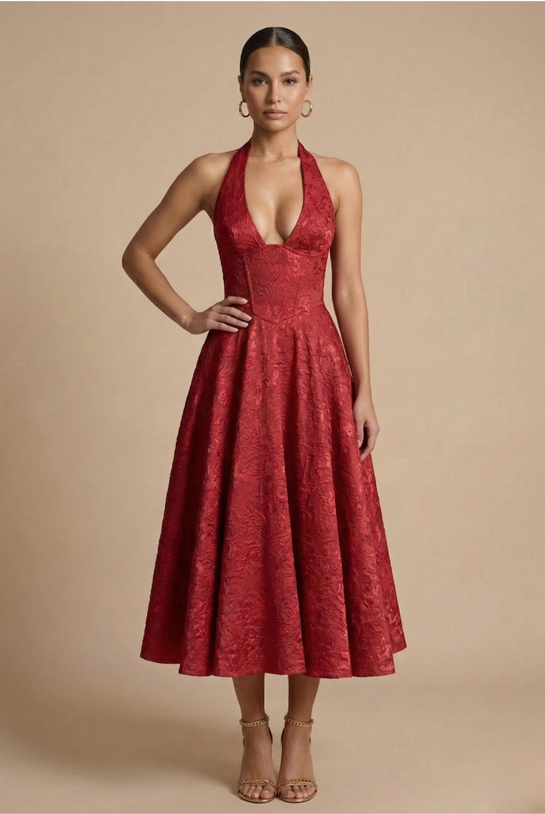 Elegant women's jacquard midi dress with a halter corset and flowing A-line skirt, suitable for cocktail parties.