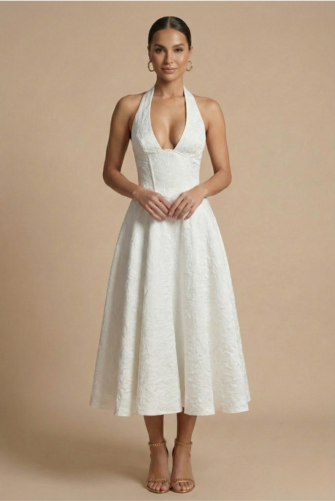 Gorgeous women's jacquard A-line midi dress, with a chic halter top and structured corset waist for occasion wear.