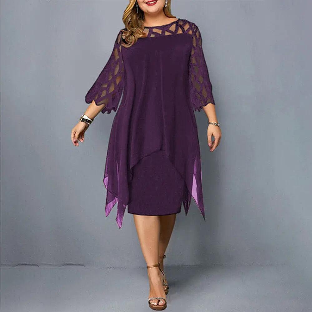 Women's elegant lace midi dress, round neck, delicate lace sleeves for evening wear & special occasions.
