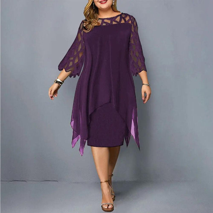 Women's elegant lace midi dress, round neck, delicate lace sleeves for evening wear & special occasions.