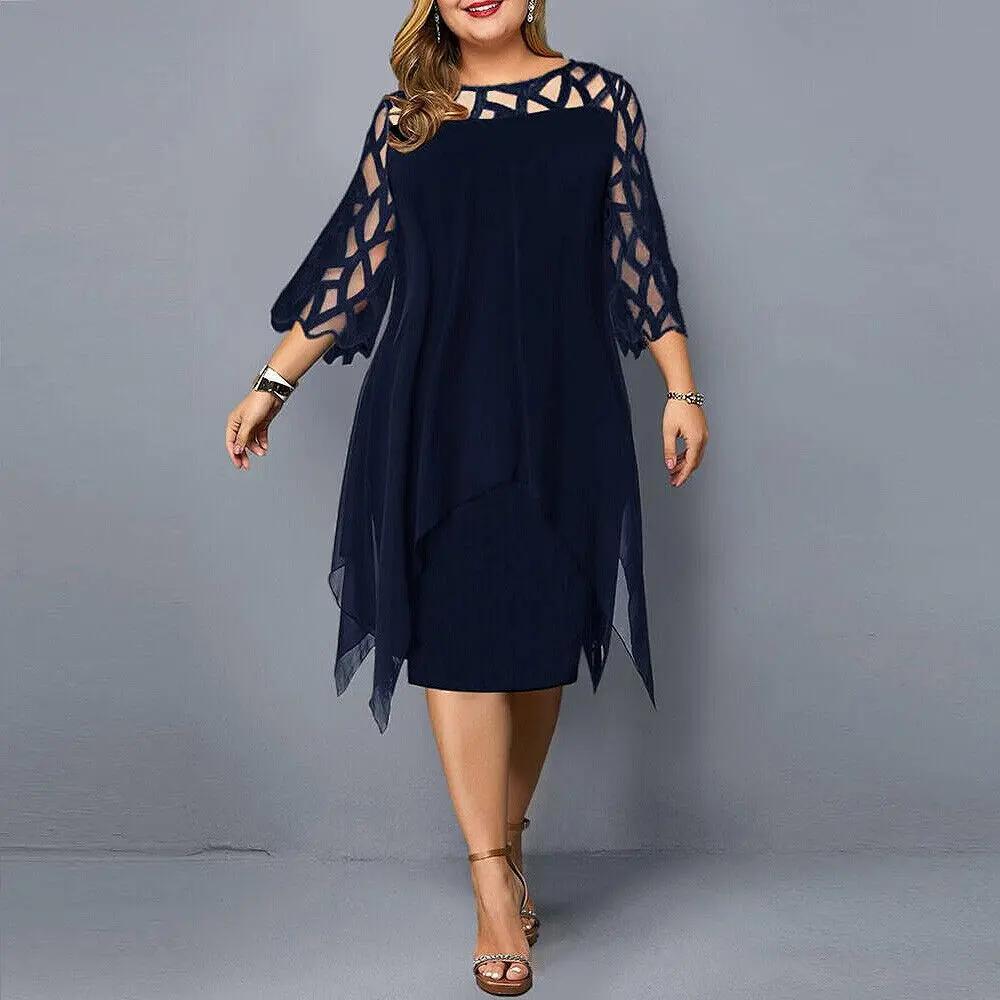 Sophisticated women's midi dress with intricate lace, round neckline, perfect for cocktail & party events.