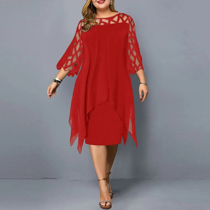 Full view of women's elegant round neck lace midi dress, highlighting its flattering silhouette & texture.