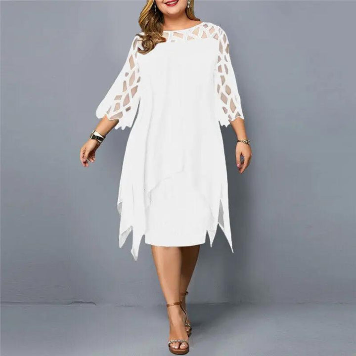 Women's cocktail midi dress with round neck and beautiful lace fabric, perfect for formal & evening events.